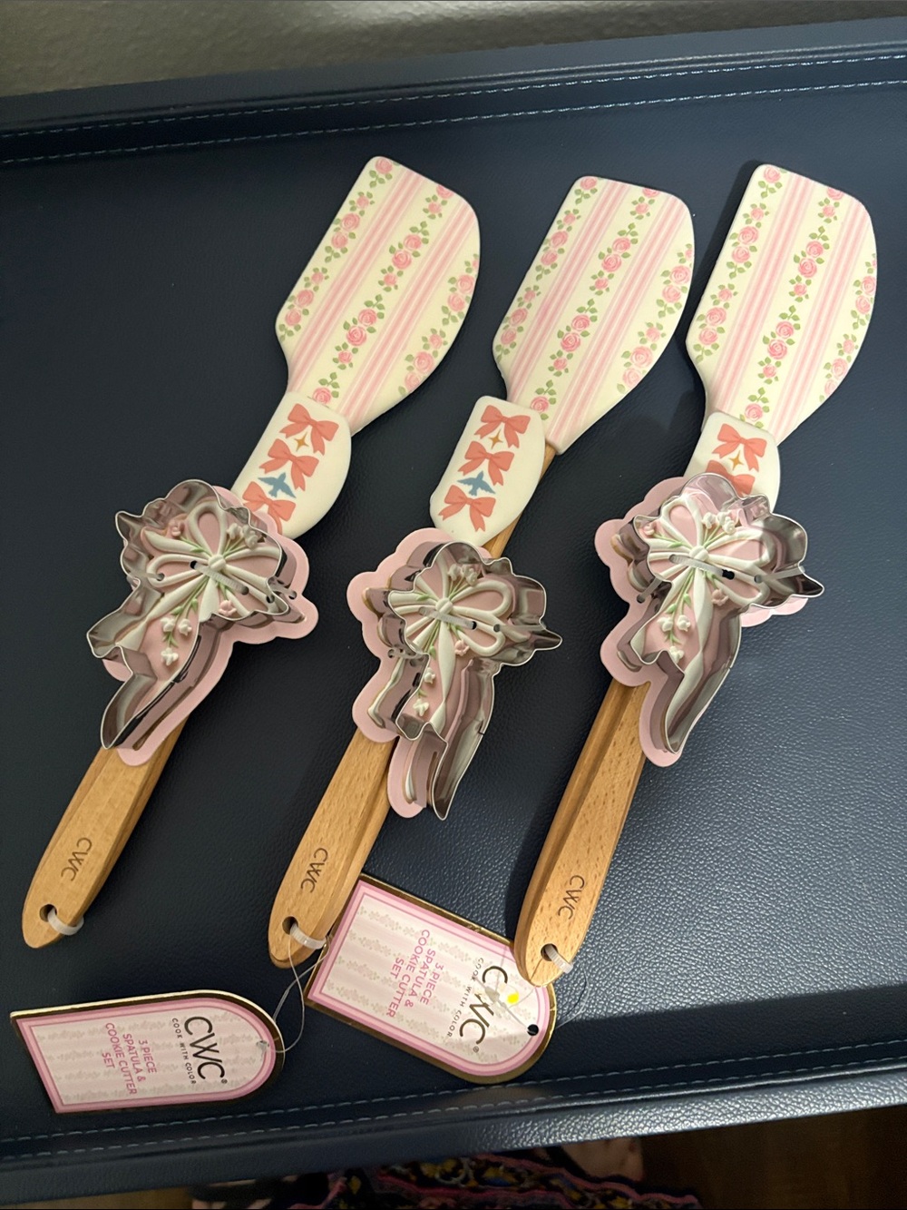 CWC Pink Floral Silicone & Wood Spatula Set - 3 Piece